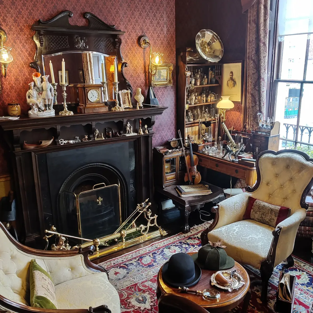 Main hall with fireplace at 221B Baker Stree