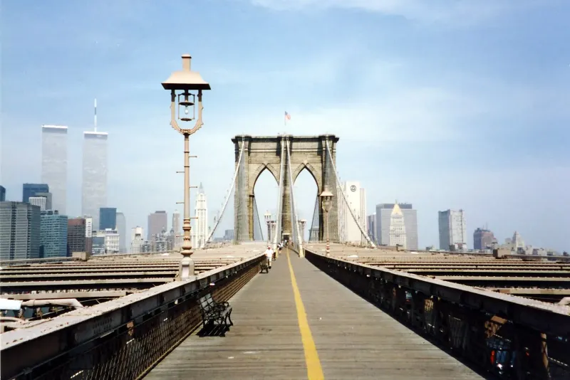 Brooklyn Bridge with Twin Towers in the background